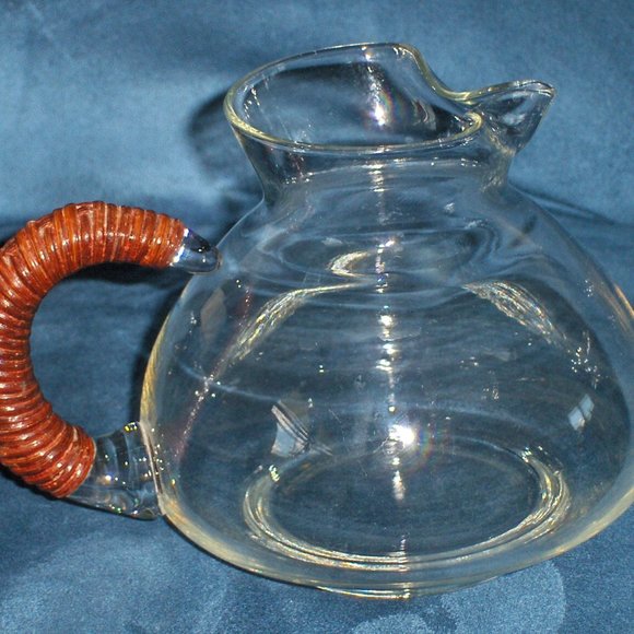 Vintage Clear Pitcher Wicker Handle Mid Century Modern Handmade Blown Glass - Picture 9 of 9